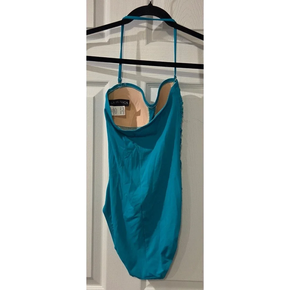 La Blanca One Piece Swimsuit 4 Teal Ruched Tummy Control Bandeau Strapless